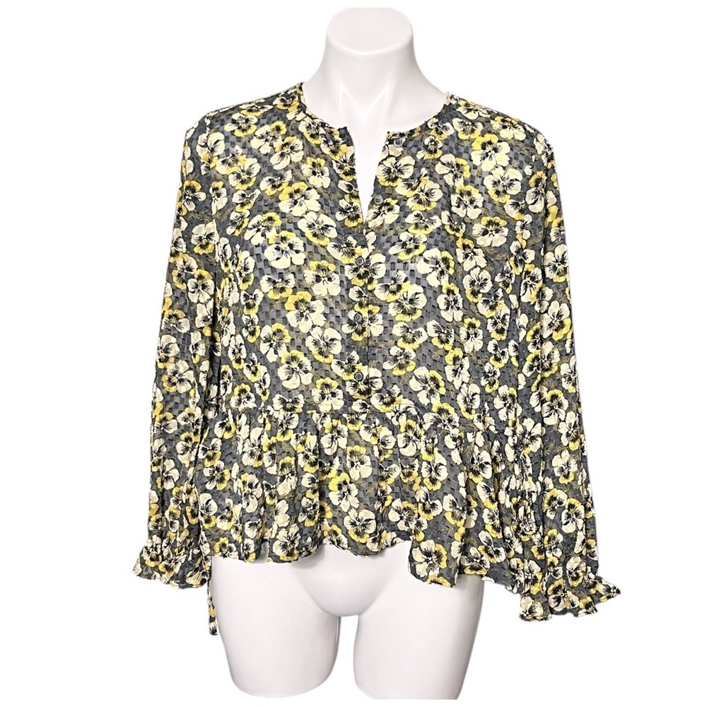 Madewell Floral Drawstring Ruffle Hem Top Size Large Gray/Yellow
